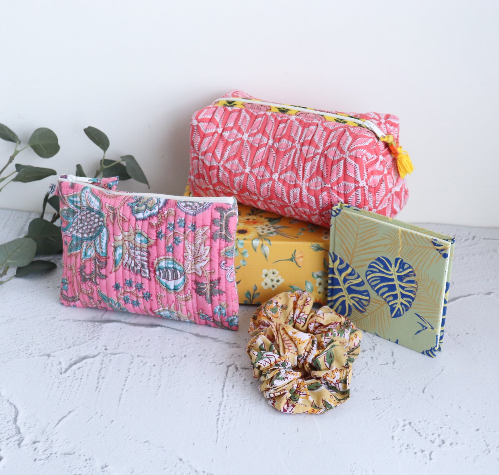 The Getting Ready gift set with handmade block print makeup bags and travel accessories by Kari by Kriti
