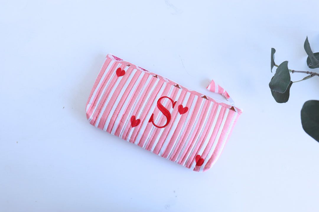 Valentines Block print pencil pouches with initials - Quilted utility pouches - Ready to ship
