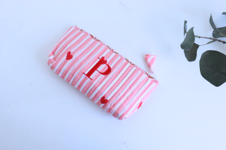 Valentines Block print pencil pouches with initials - Quilted utility pouches - Ready to ship