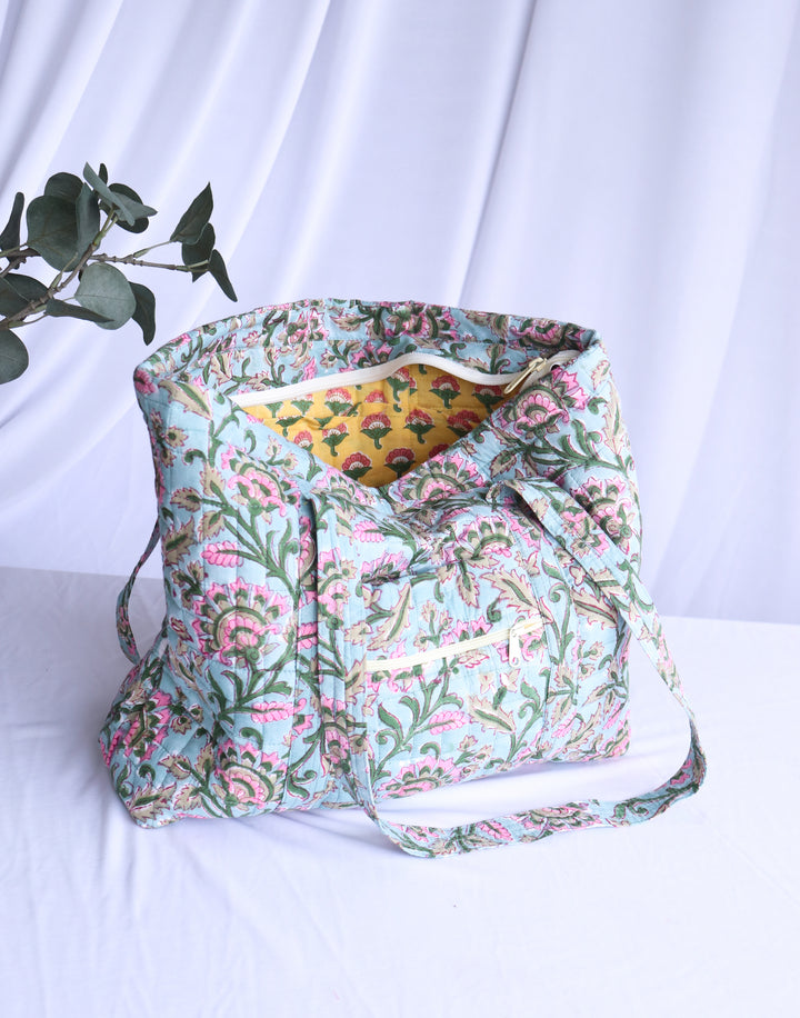 Multi pocket tote bag - Block print women's bags - Everyday Tote bag - Turquoise