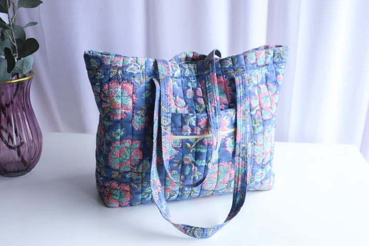 Multi pocket tote bag - Block print women's bags - Everyday Tote bag - Blue