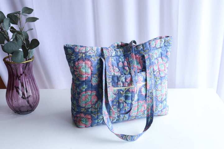 Multi pocket tote bag - Block print women's bags - Everyday Tote bag - Blue