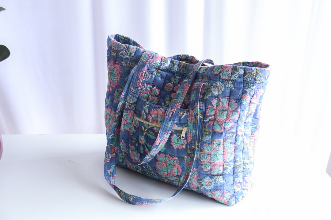 Multi pocket tote bag - Block print women's bags - Everyday Tote bag - Blue