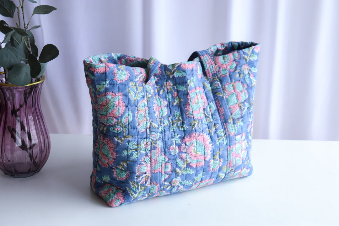 Multi pocket tote bag - Block print women's bags - Everyday Tote bag - Blue