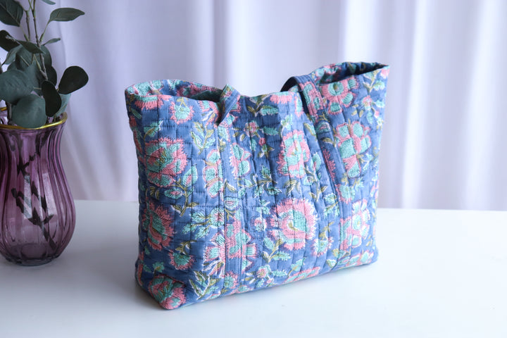 Multi pocket tote bag - Block print women's bags - Everyday Tote bag - Blue