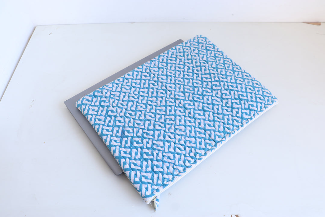 Block print Laptop sleeves - Laptop cover - Light blue Geo - 15 inch