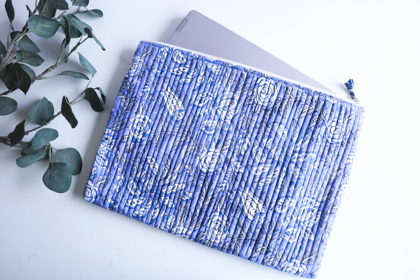 Personalized Block Print Laptop Sleeve - 13, 14 & 15 inch - Blue Vines by Kari by Kriti
