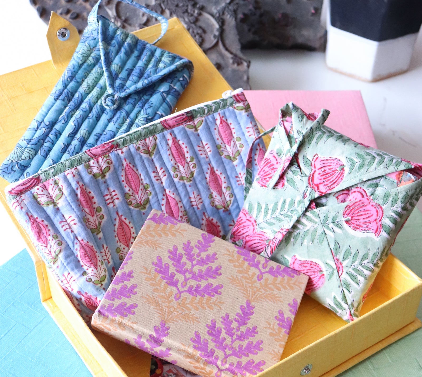 Eco-chic gift hamper with handmade block print accessories by Kari by Kriti
