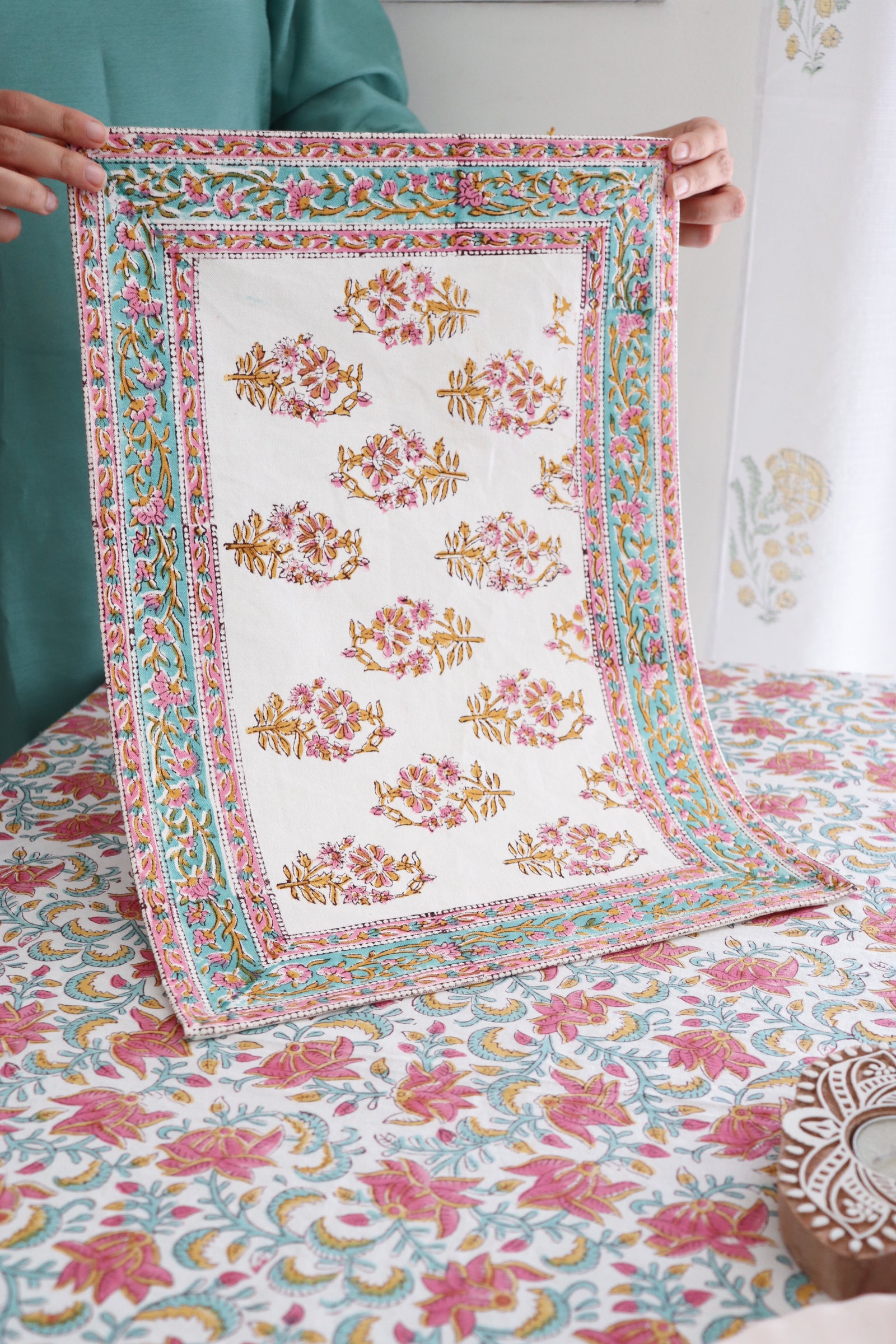 Rani Pink floral placemats - Block print placemats - Table mats set of 6 - 13x19 inches - Placemats by Kari by Kriti