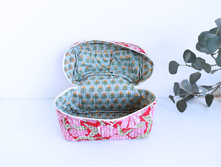 Handcrafted Vanity Bag for Women - Hand block printed Vanity case - Red floral