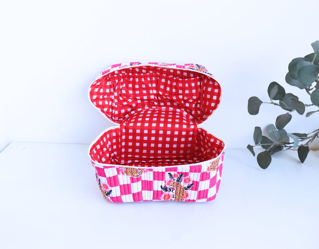 Handcrafted Vanity Bag for Women - Hand block printed Vanity case - Pink Happy cheetahs