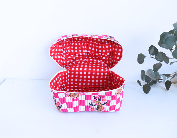 Handcrafted Vanity Bag for Women - Hand block printed Vanity case - Pink Happy cheetahs