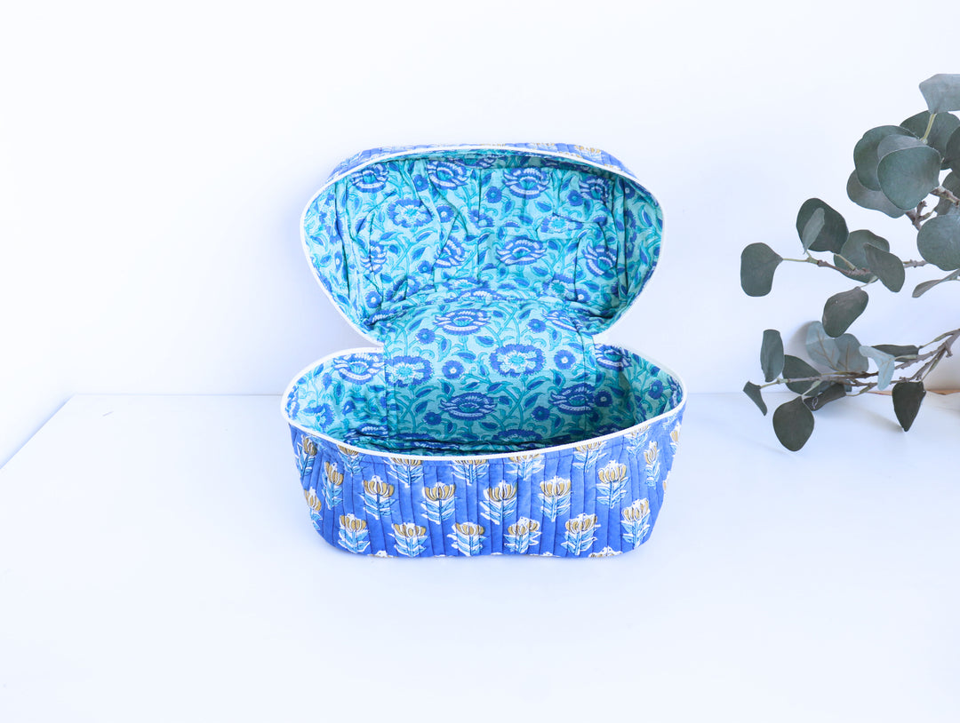 Handcrafted Vanity Bag for Women - Hand block printed Vanity case - Blue booti floral