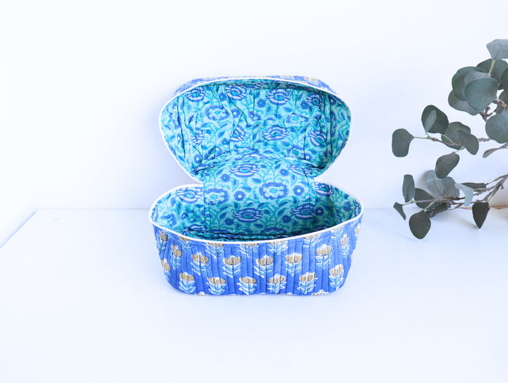 Handcrafted Vanity Bag for Women - Hand block printed Vanity case - Blue booti floral