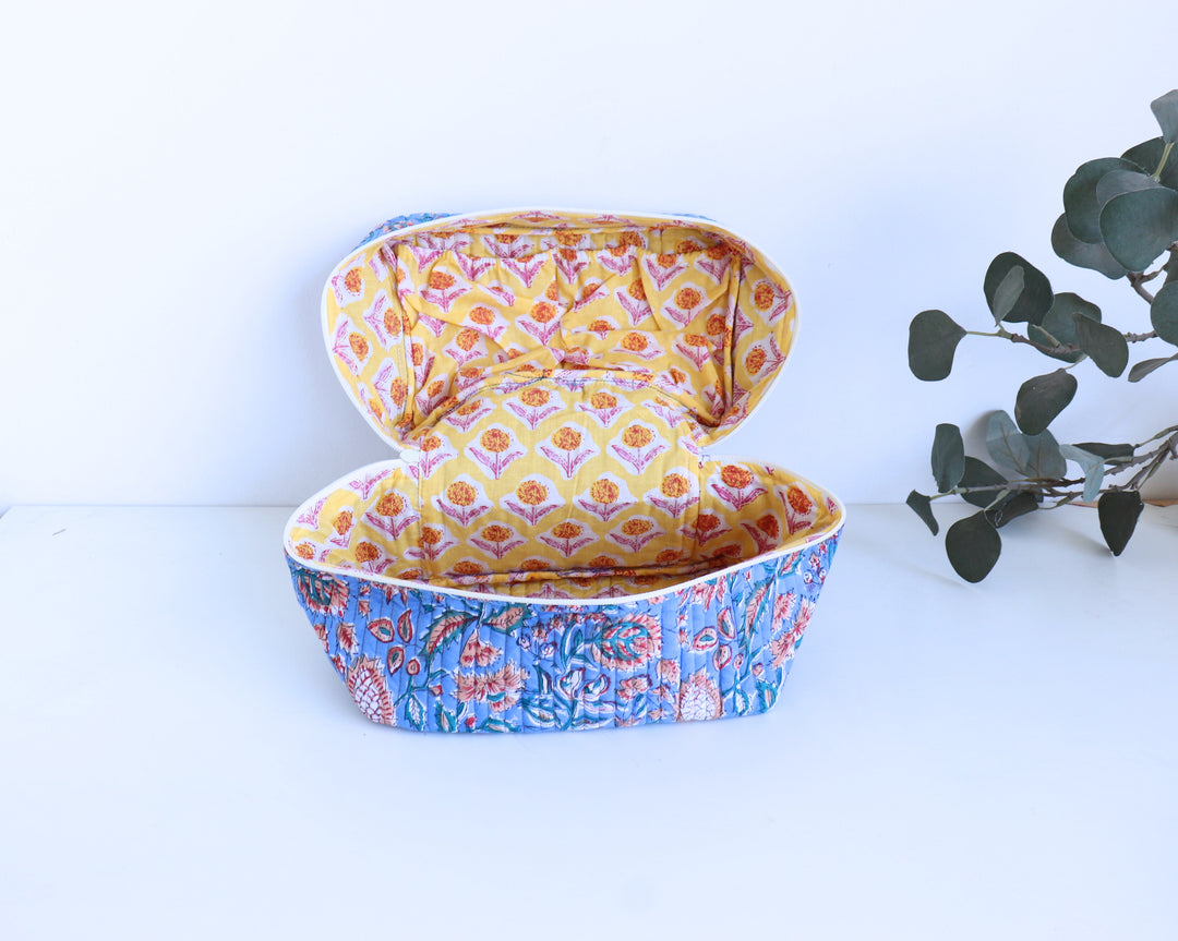 Handcrafted Vanity Bag for Women - Hand block printed Vanity case - Blue Floral