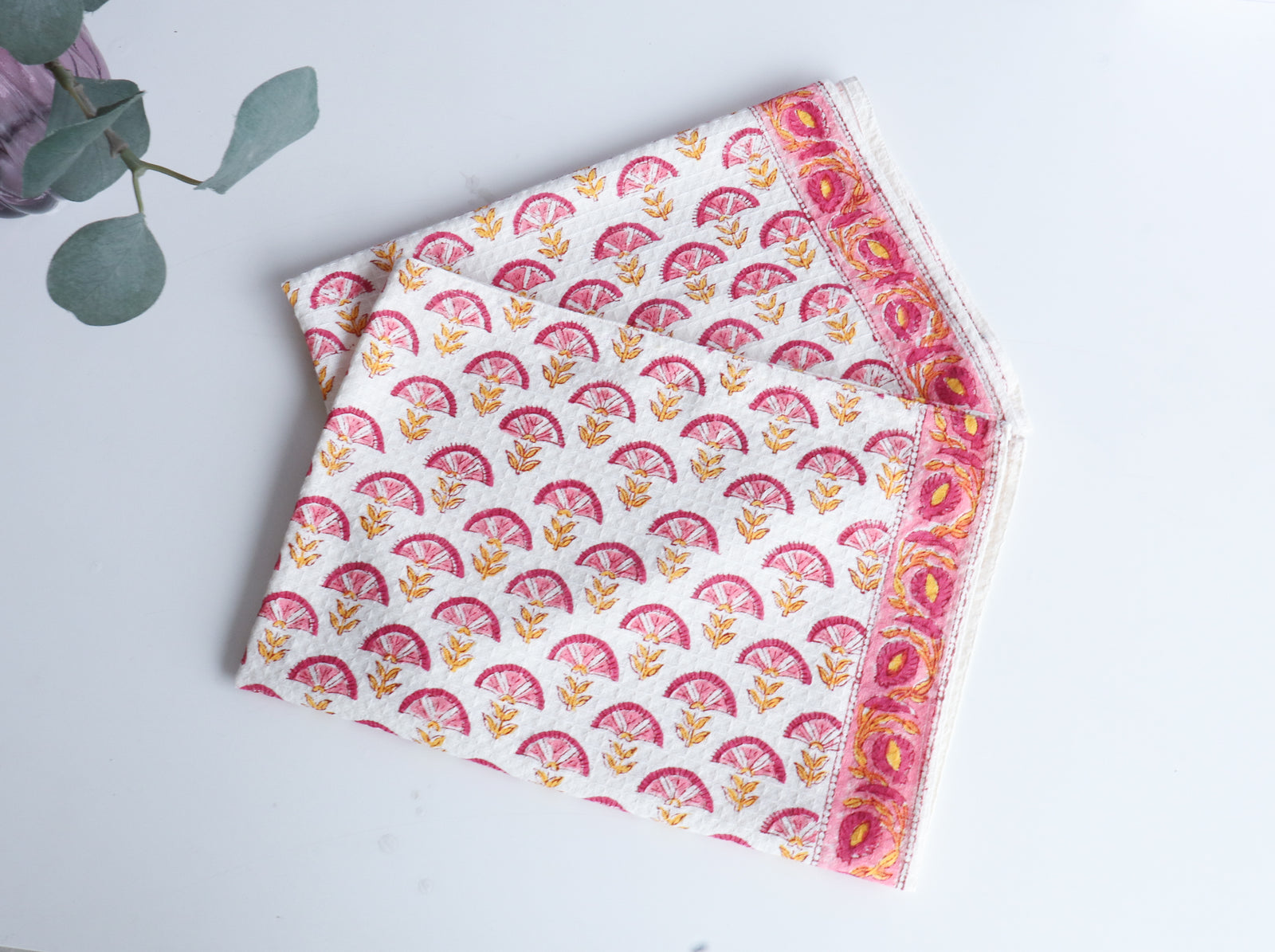 Set of 2 waffle kitchen towels - Block print dish towels - Tea towels - Pink roses by Kari by Kriti