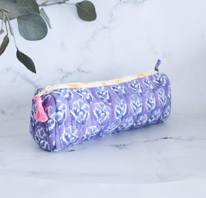 Quilted round pencil cases - Block print pouches - Lilac