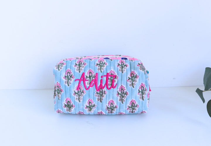 Sale -"Aditi" Personalized medium cosmetic  bag - Makeup bag - Light blue - Makeup bag by Kari by Kriti