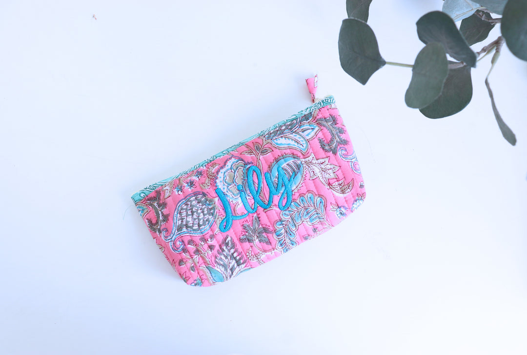 Personalized Block Print Quilted Pencil Pouch - Custom Name