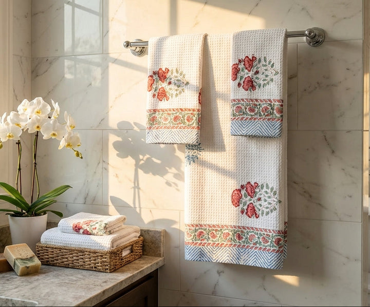 Bathroom with towels hanging on a rack, a potted plant, and a bathtub.