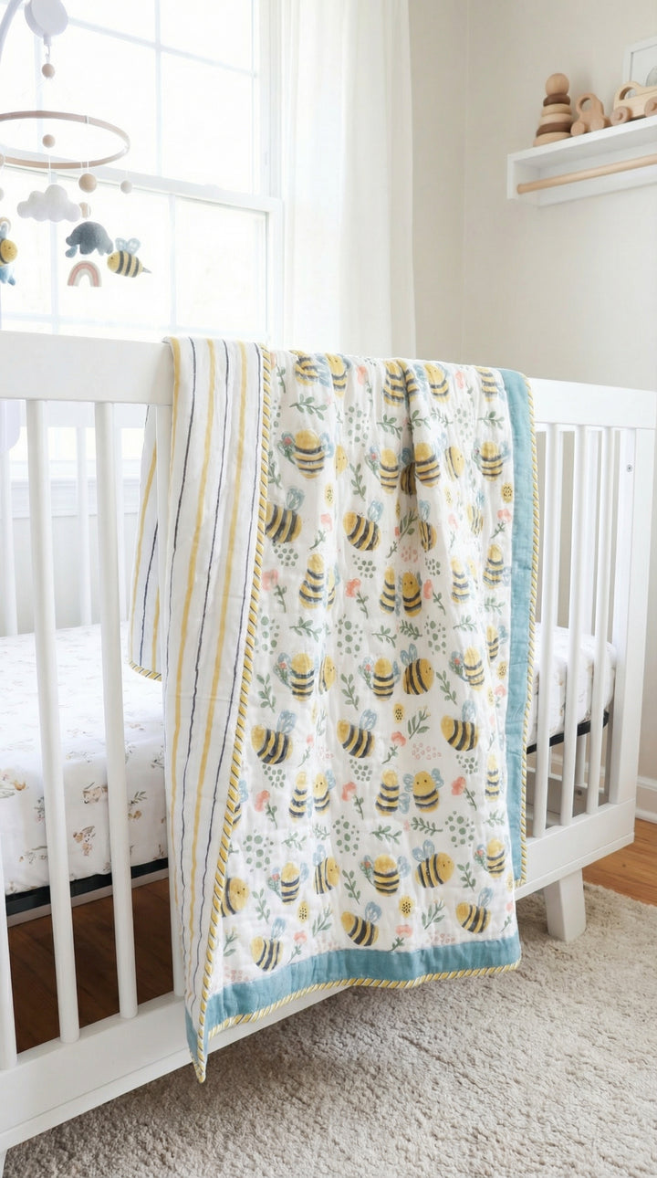 Baby & Toddler Personalized Bumble Bee block print quilt - Sweet as Honey
