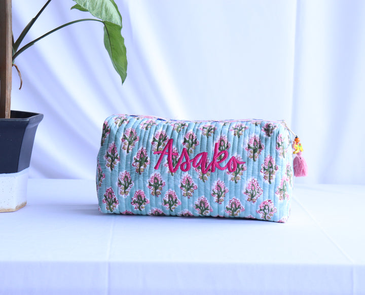 Personalised medium block print makeup bag with hand-embroidered name, quilted cotton fabric in a classic Indian print