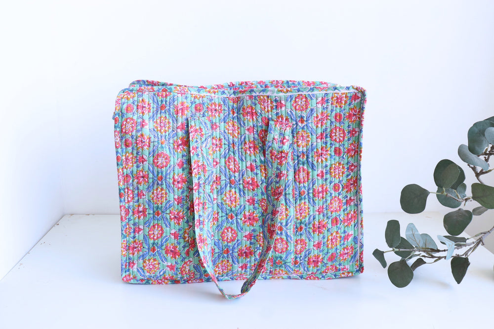 Multicolour floral XL quilted block print tote bag handmade cotton
