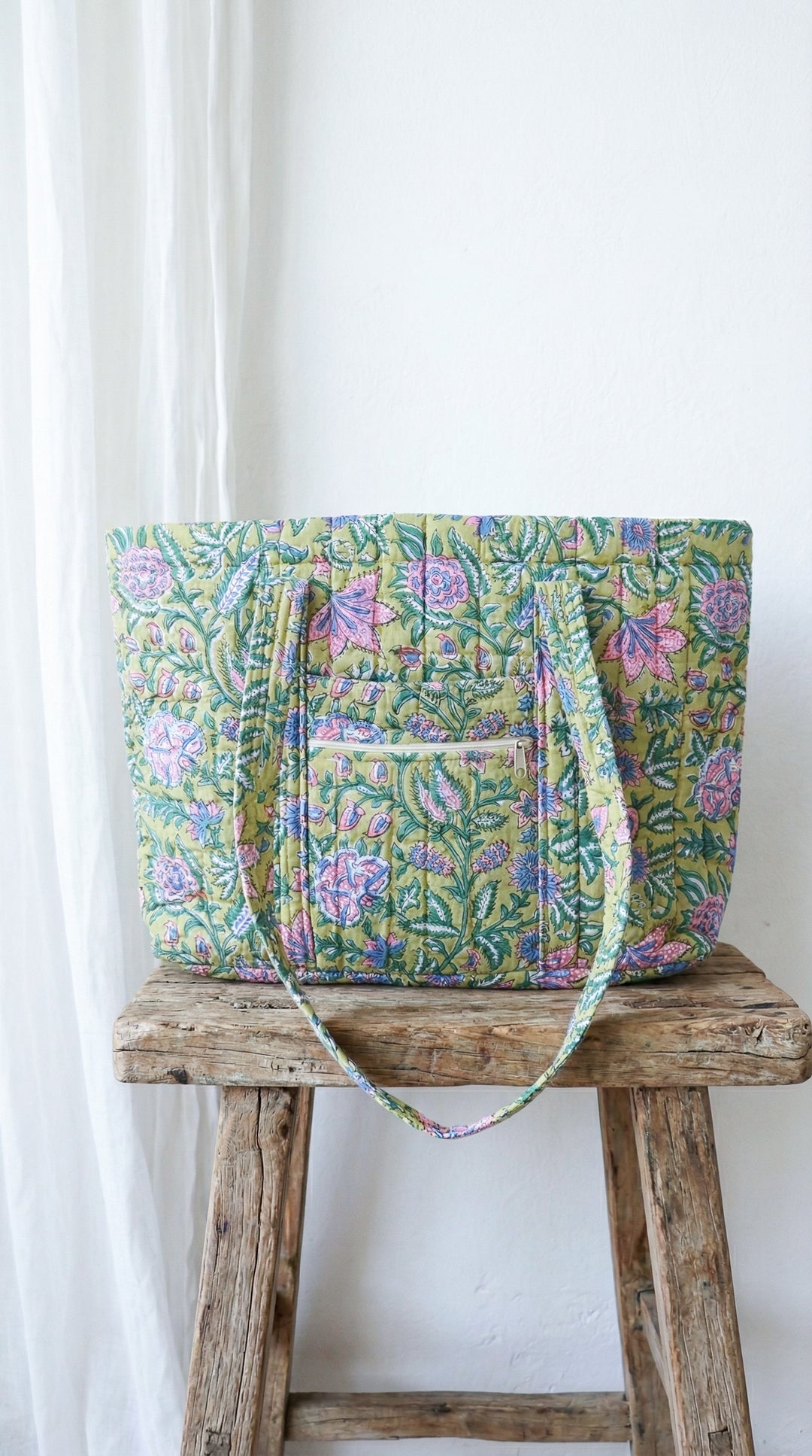 Block print Multi pocket tote bag - Green floral