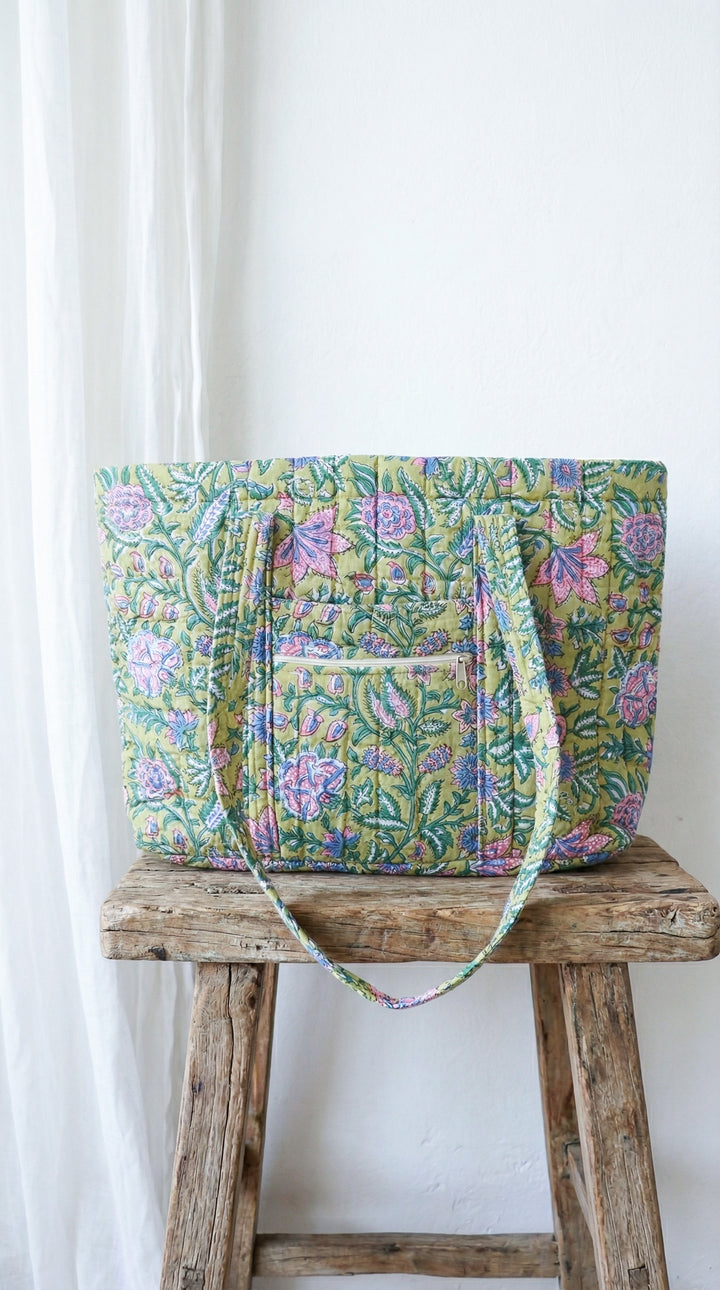 Block print Multi pocket tote bag - Green floral