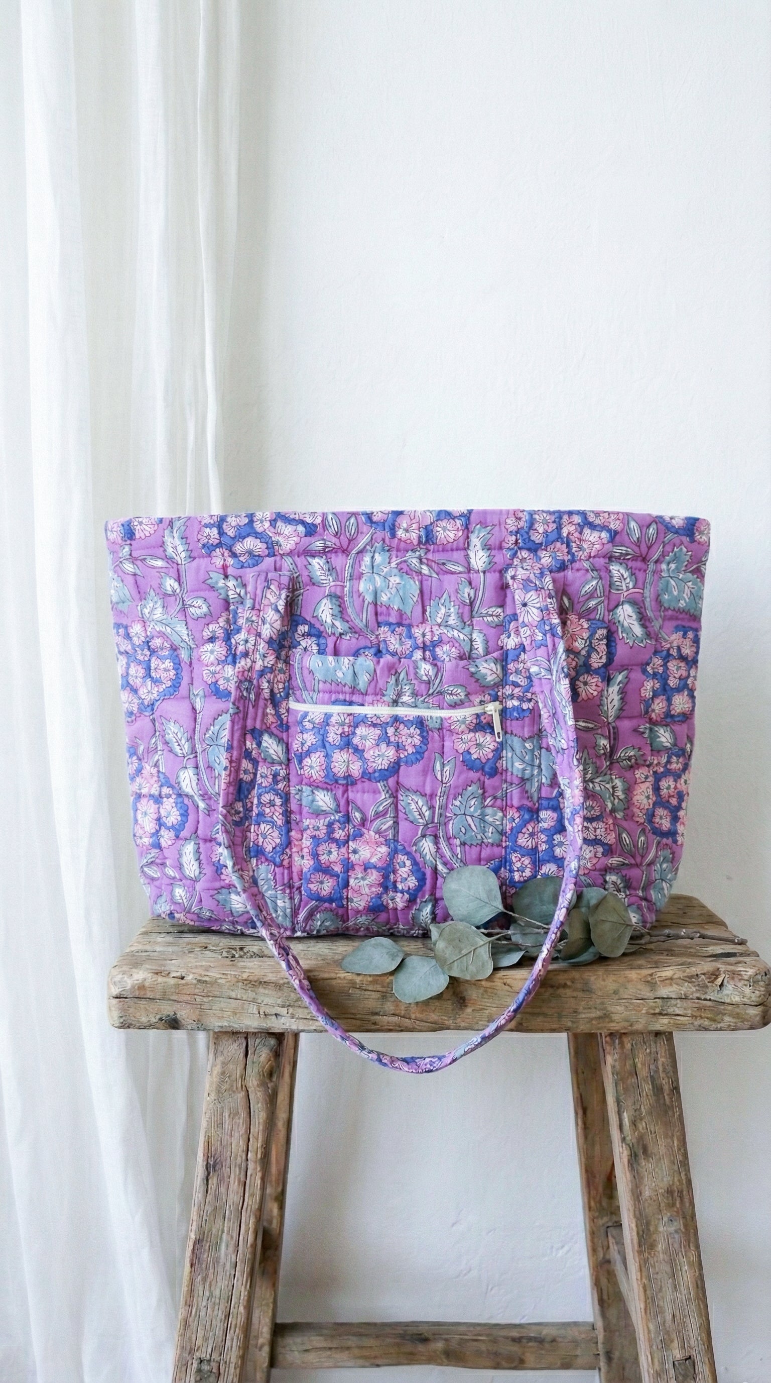 Purple floral block print multi pocket quilted tote bag for women, handmade cotton by Kari by Kriti
