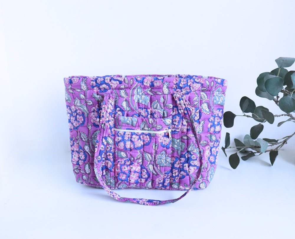Purple floral block print multi pocket quilted tote bag for women, handmade cotton by Kari by Kriti
