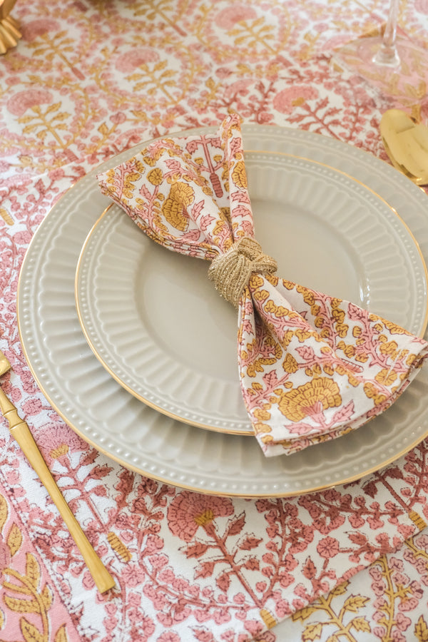 Golden marigold block print cotton dinner napkins set of 6, festive table linen by Kari by Kriti
