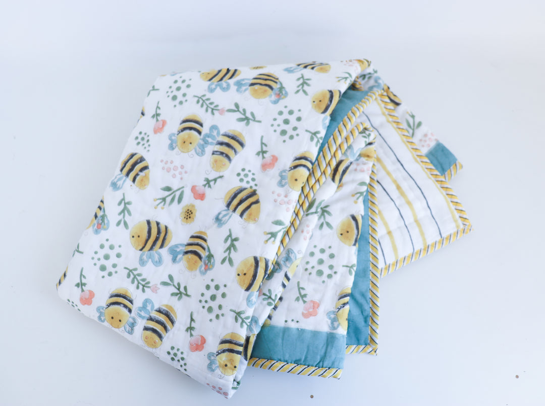 Personalised bumble bee block print baby quilt Sweet as Honey with name
