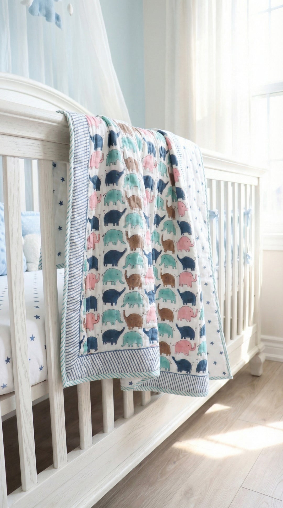 Personalised elephant Marching Jumbos block print baby quilt with name
