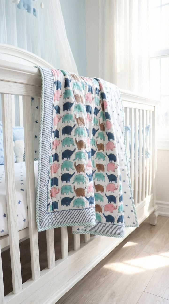 Personalised elephant Marching Jumbos block print baby quilt with name
