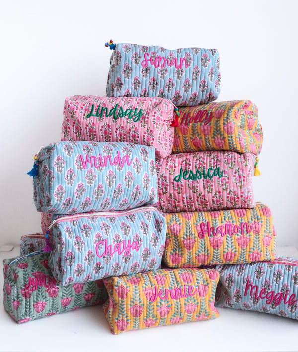 Personalized medium block print makeup bag with embroidered name
