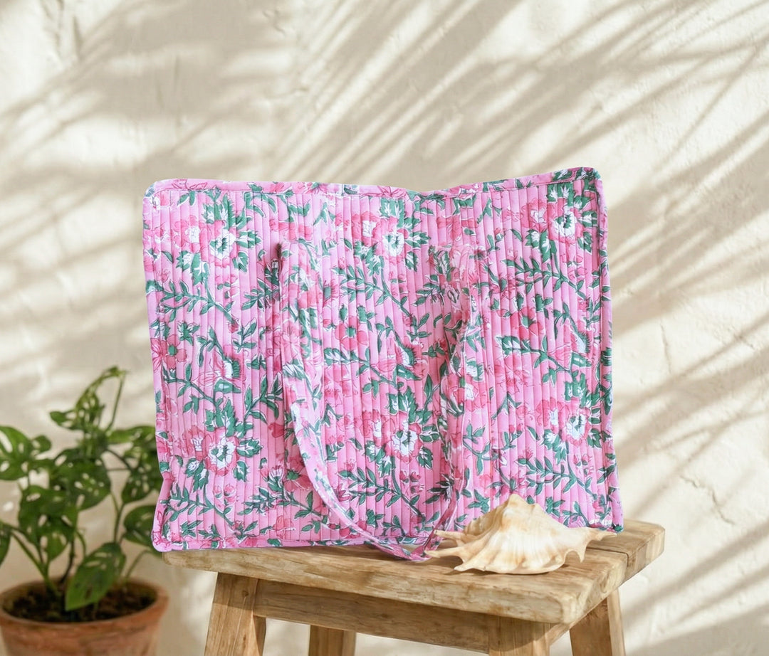 XL Quilted Tote Bag - Pink Floral Block Print