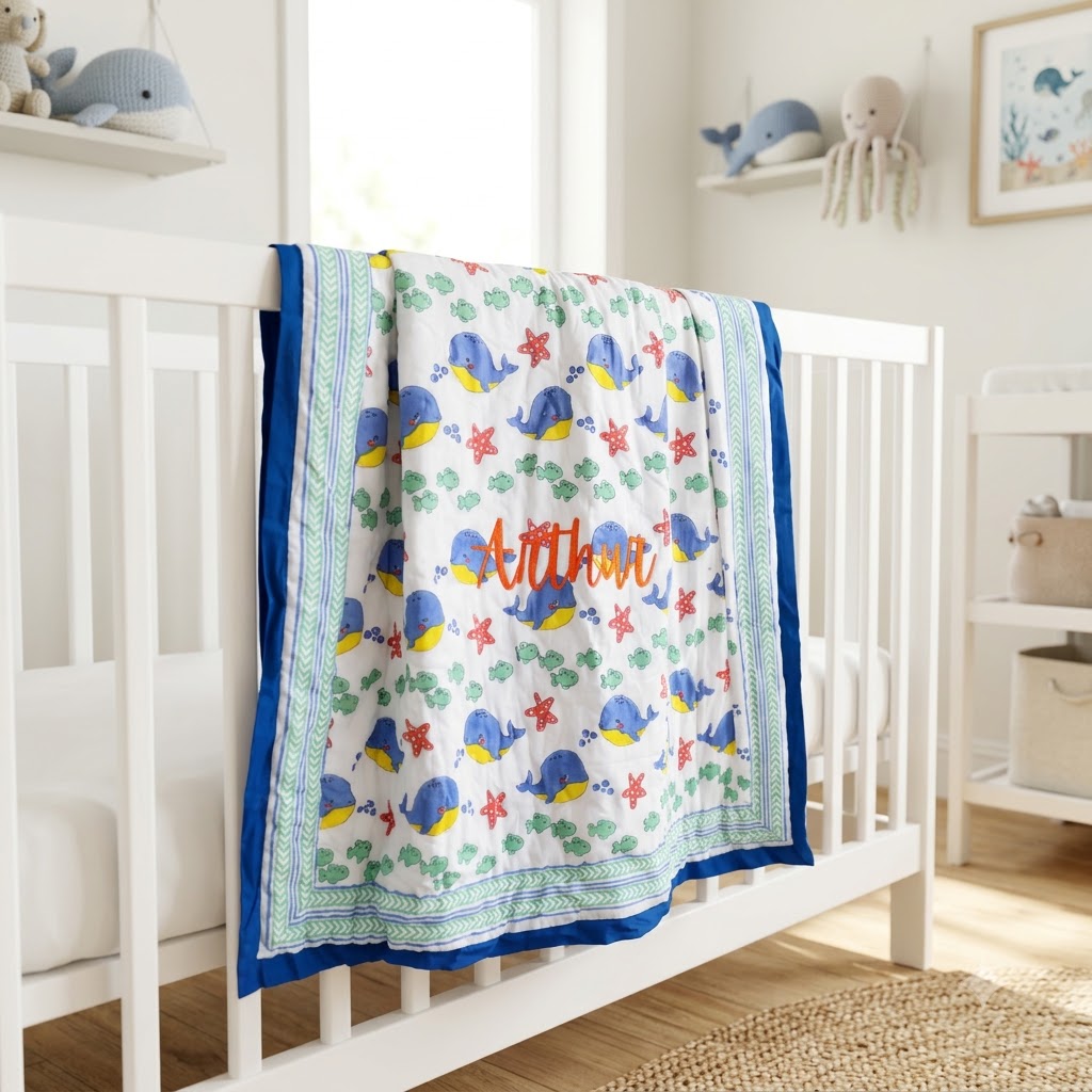 Baby &amp; Toddler Personalized Happy Whales block print quilt - Blue