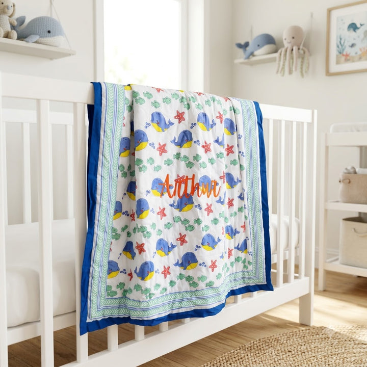 Baby &amp; Toddler Personalized Happy Whales block print quilt - Blue