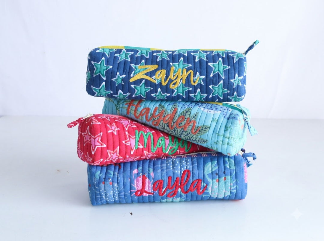 Personalized Block Print Round Pencil Pouch - Custom Name