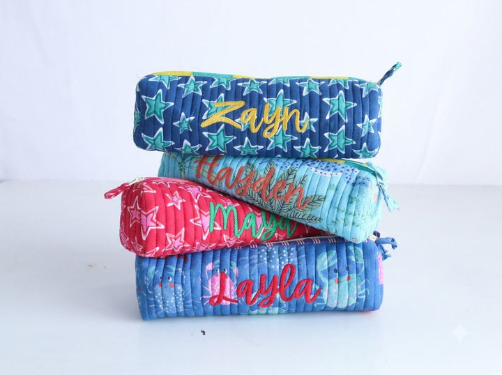 Personalized Block Print Round Pencil Pouch - Custom Name