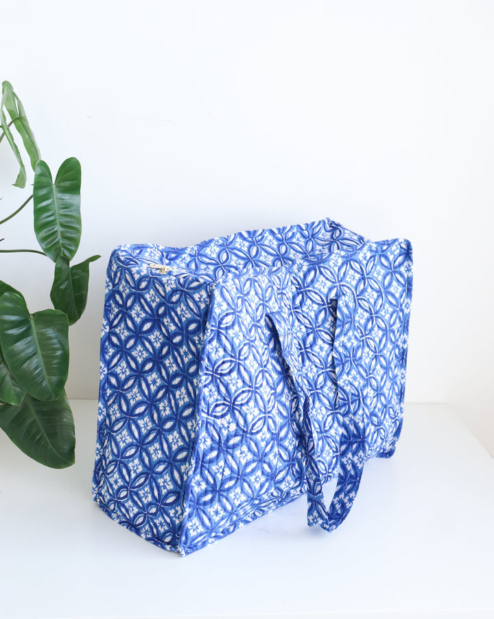 Blue geometric XL quilted block print tote bag for women handmade
