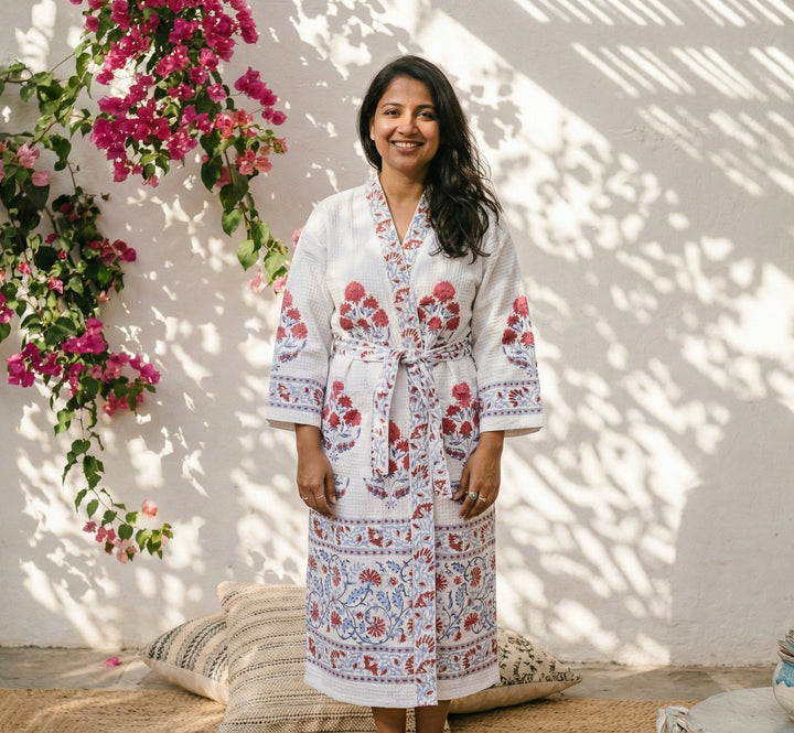 Personalized Block Print Waffle Cotton Bath Robe for Women