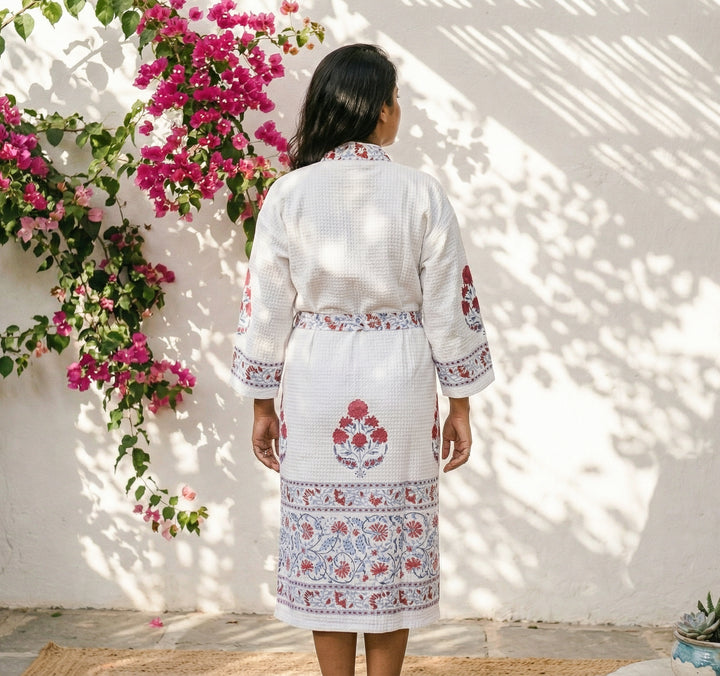 Personalized Block Print Waffle Cotton Bath Robe for Women