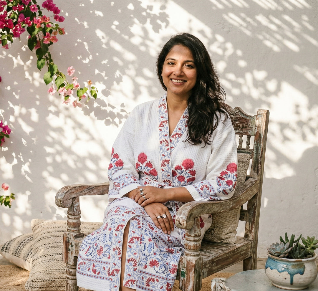 Personalized Block Print Waffle Cotton Bath Robe for Women