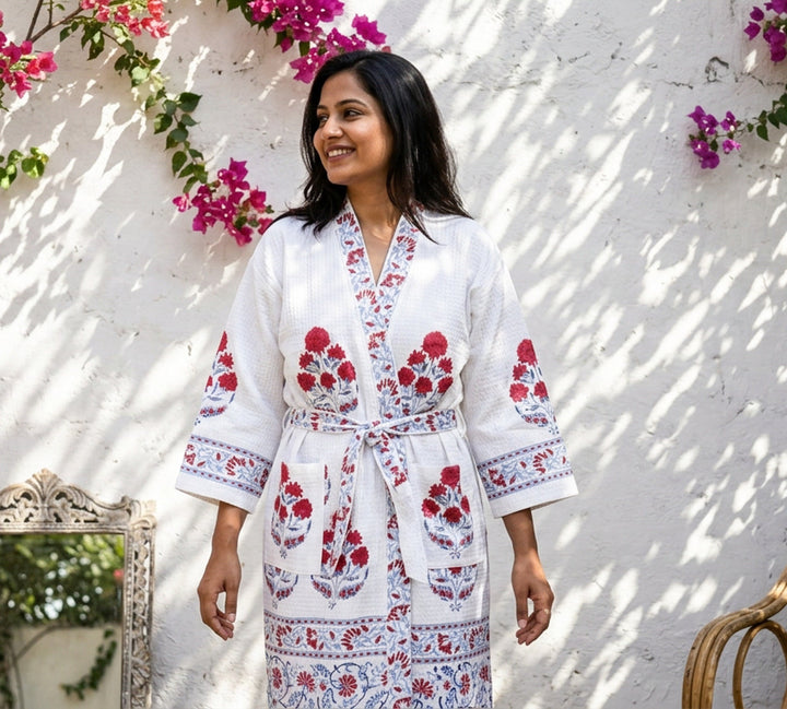 Personalized Block Print Waffle Cotton Bath Robe for Women