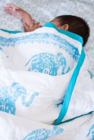 Elephant block print baby quilt - Elle Baby crib size - 40x40 inches