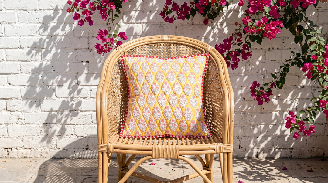 Yellow Booti hand block print quilted cushion cover, 16x16 inches, by Kari by Kriti