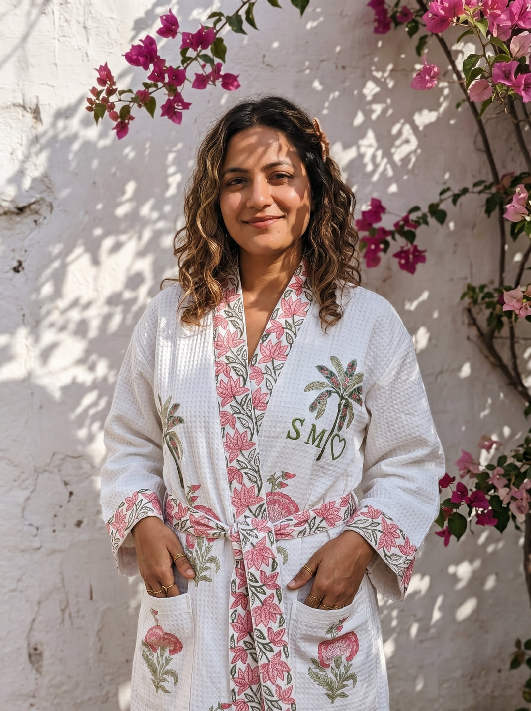 Personalized Block Print Waffle Cotton Bath Robe for Women
