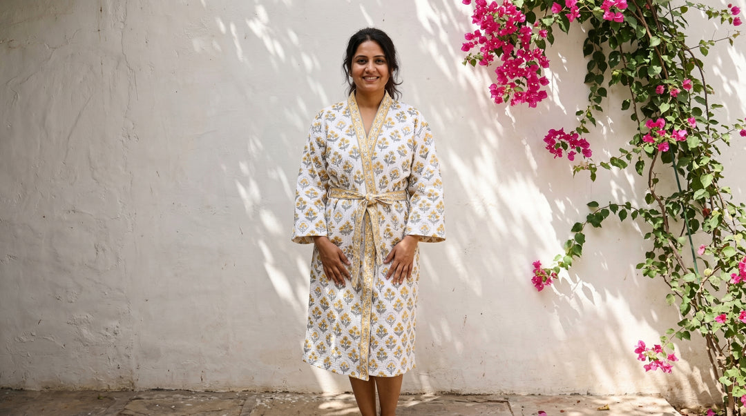 Personalized Block Print Waffle Cotton Bath Robe for Women